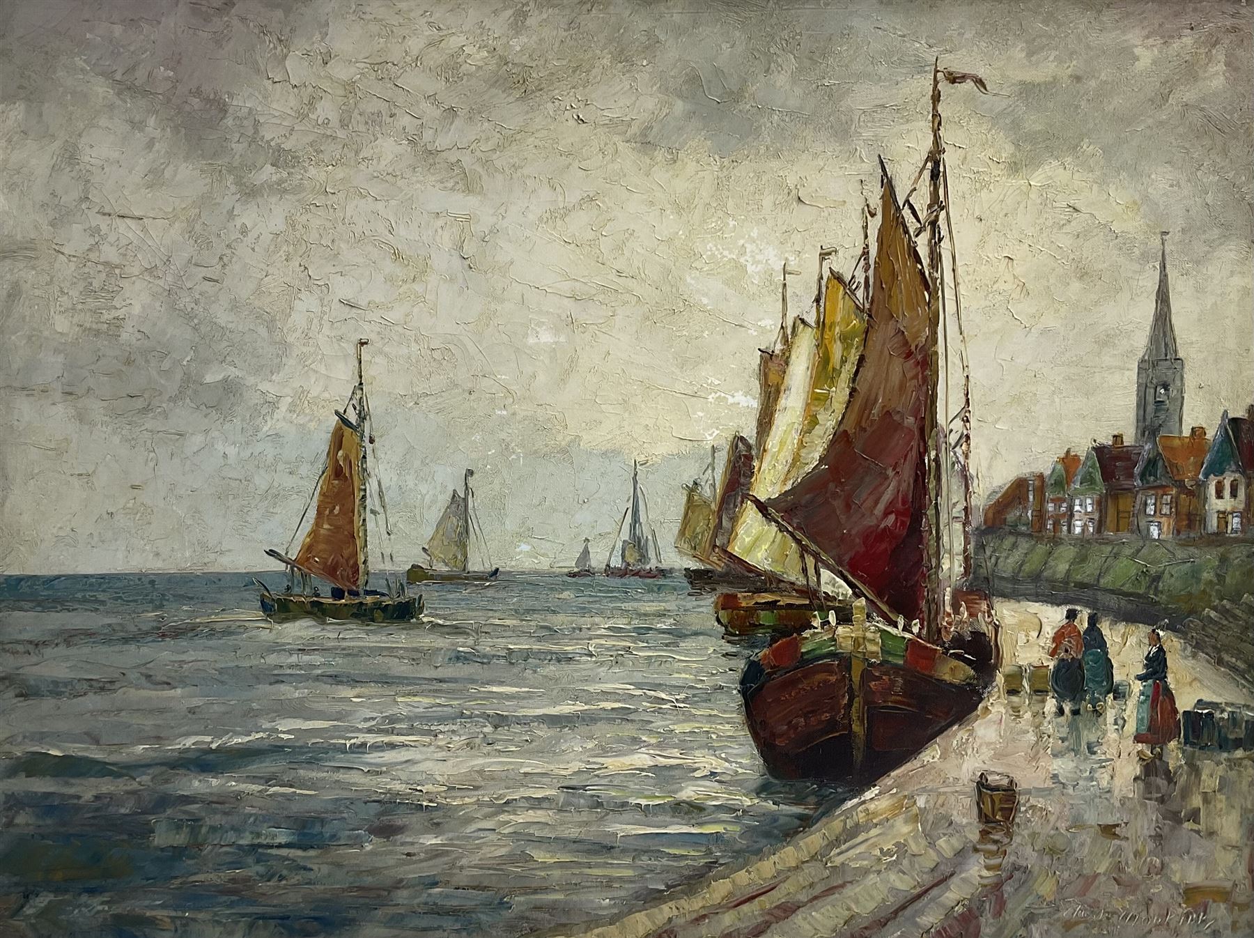 Claude Montier (20th Century): Figures and Ships Along the Promenade, oil on canvas signed 59cm x 79cm