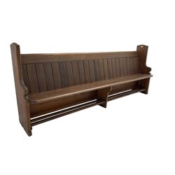 19th century pine church pew, panelled back with shaped end supports 