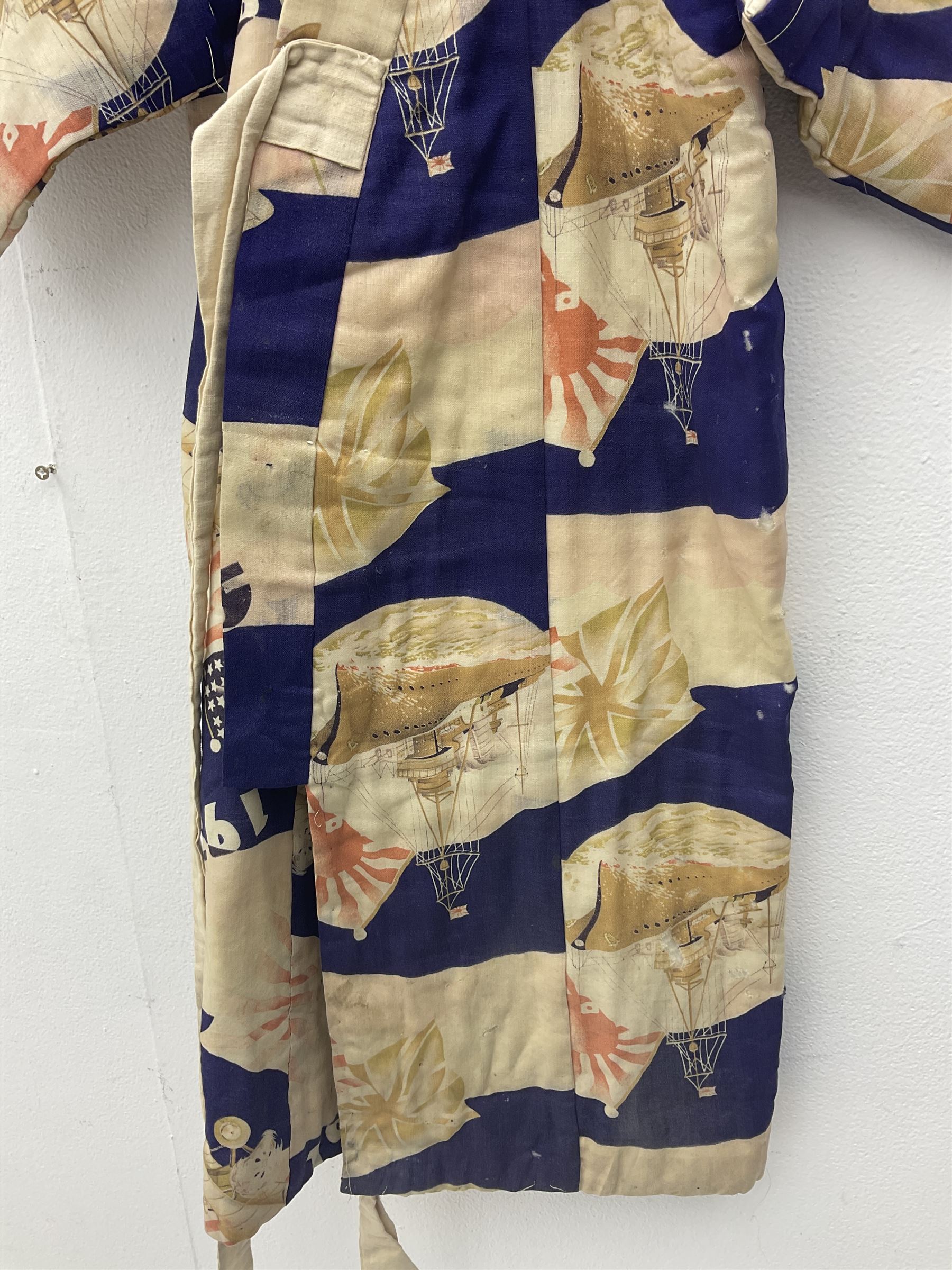 1930s Japanese fully lined kimono decorated with Japanese naval vessels and bi-planes, Japanese, American and British flags and dated 1935; looks to be child's size