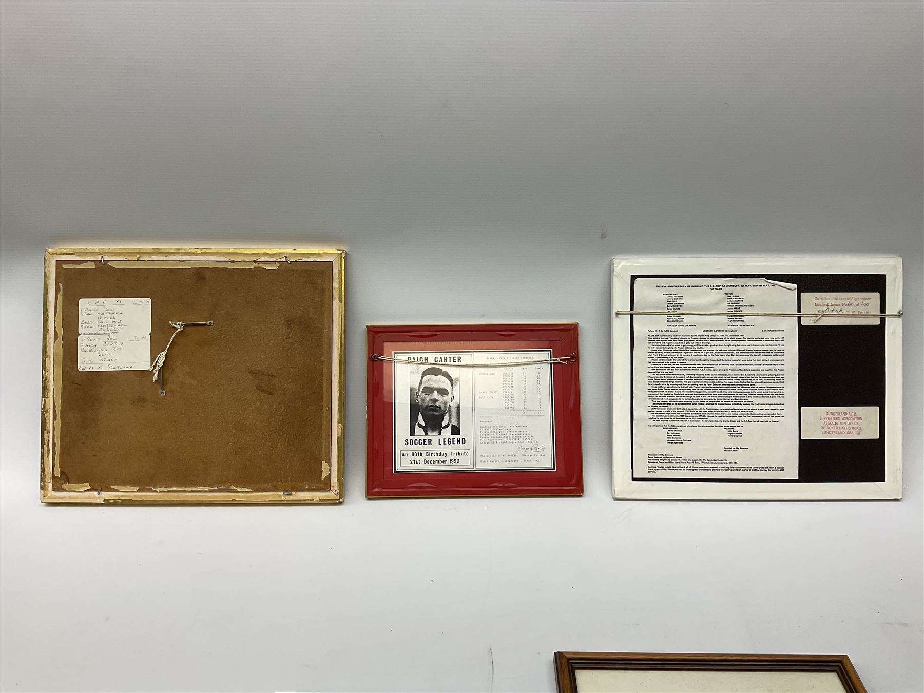 Limited edition First Day Cover 1987 for Sunderland's 50th Anniversary of Winning the F.A. Cup; signed by Raich Carter and Bobby Gurney No.1sp/500; limited edition First Day Cover 1993 to celebrate Raich Carter's 80th Birthday No.1aSp/100; photograph of the RAF XI v Scotland team including Carter and Stanley Matthews; photograph of Carter scoring against Preston N.E. in 1937; photograph of the Hull City squad on tour to Tel Aviv 1949; and photographic print entitled 'North v South Trial Match Bournemouth 2-4-27 Northern Boys' with manuscript note verso by Carter identifying which is him; all framed; Provenance: By direct descent from the family of Raich Carter having been consigned by his daughter Jane Carter (6)