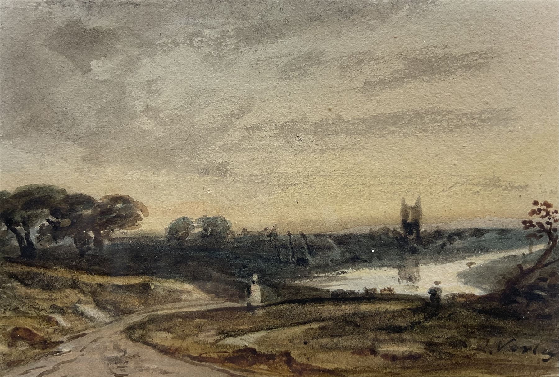 John Varley (British 1778-1842): 'Evening Landscape, with River, Church Tower and Figures', watercolour signed, titled on Albany Gallery label verso 8cm x 12cm 