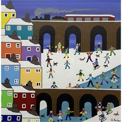 Gordon Barker (British 1960-): Sledging by the Viaduct, acrylic on paper signed 28cm x 28cm