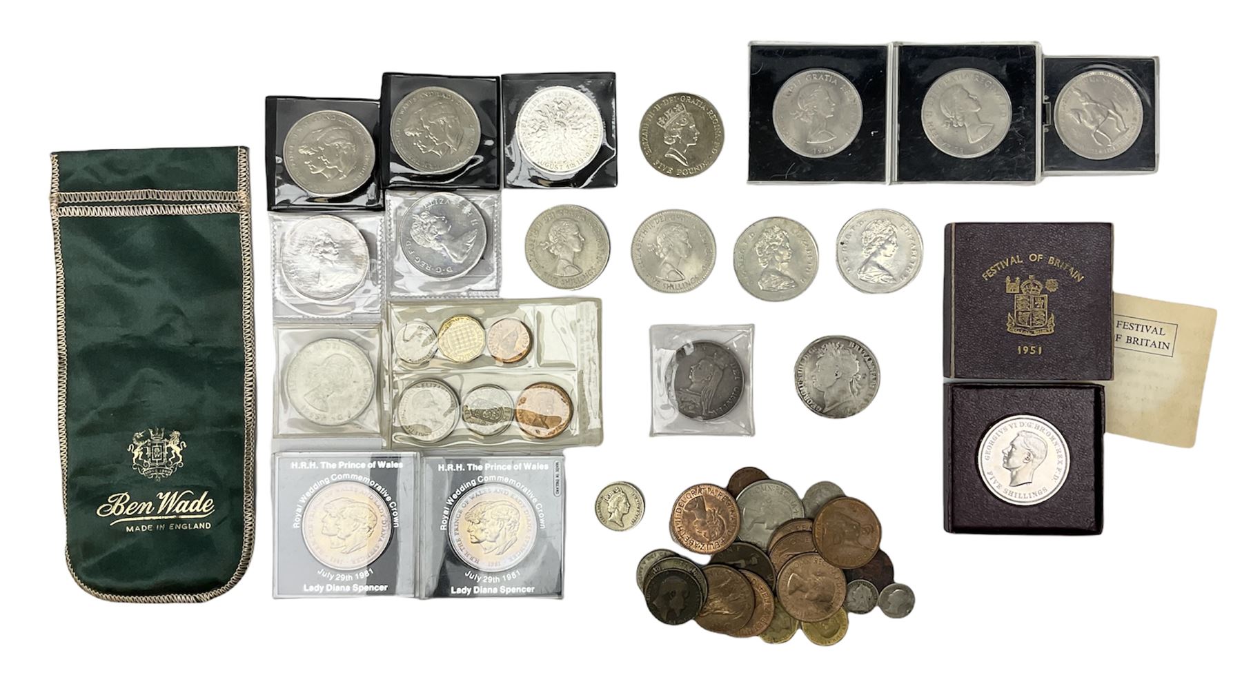 Mostly Great British coins, including King George IV 1821 crown, Queen Victoria 1890 double florin, King George V 1922 florin, commemorative crowns etc