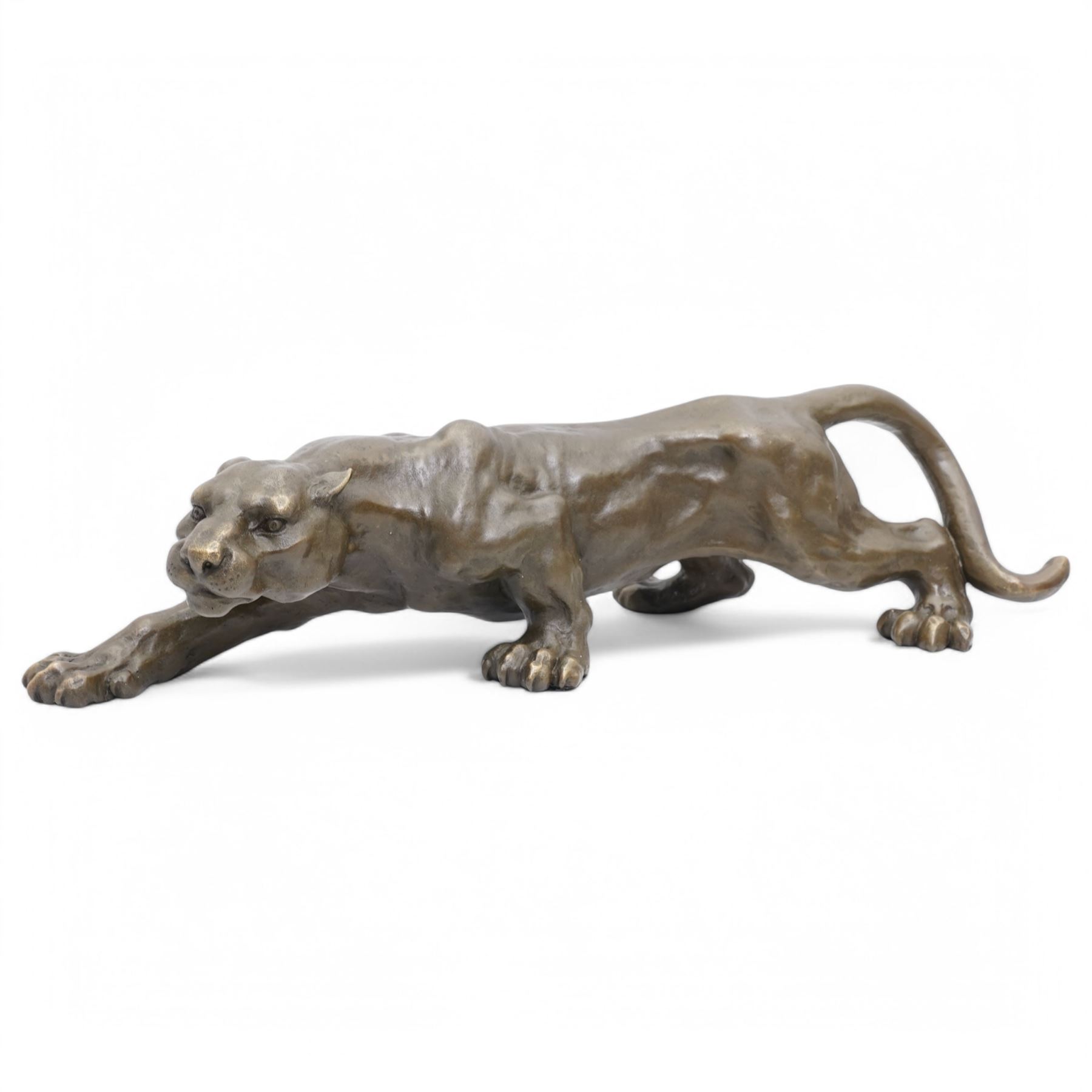 Bronze figure, modelled as a cougar or panther in crouching pose, signed Milo and also bearing foundry mark, L40cm