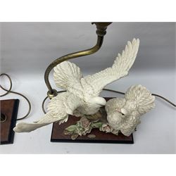 Two Giuseppe Armani figural lamps, the first 'Bonding' modelled as a deer and a fawn, the second modelled as a pair of white doves, each with damask fabric tassel shades, tallest H76cm