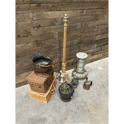 Aladdin paraffin lamp, lamp and burner, coal scuttle, painted standard lamp, stone mortar planter and two wicker baskets
