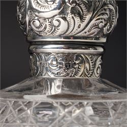 Five piece silver backed dressing table set Birmingham 1929 Maker Deakin & Francis Ltd and a Victorian glass globe scent flask with screw off silver cover  