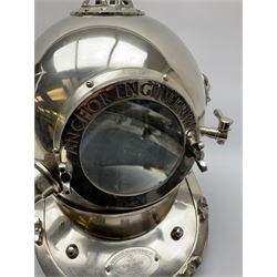 Reproduction diver's chrome helmet, with plaque engraved 'Anchor Engineering, Karl Heinke, Munich Germany, 1921', H43cm