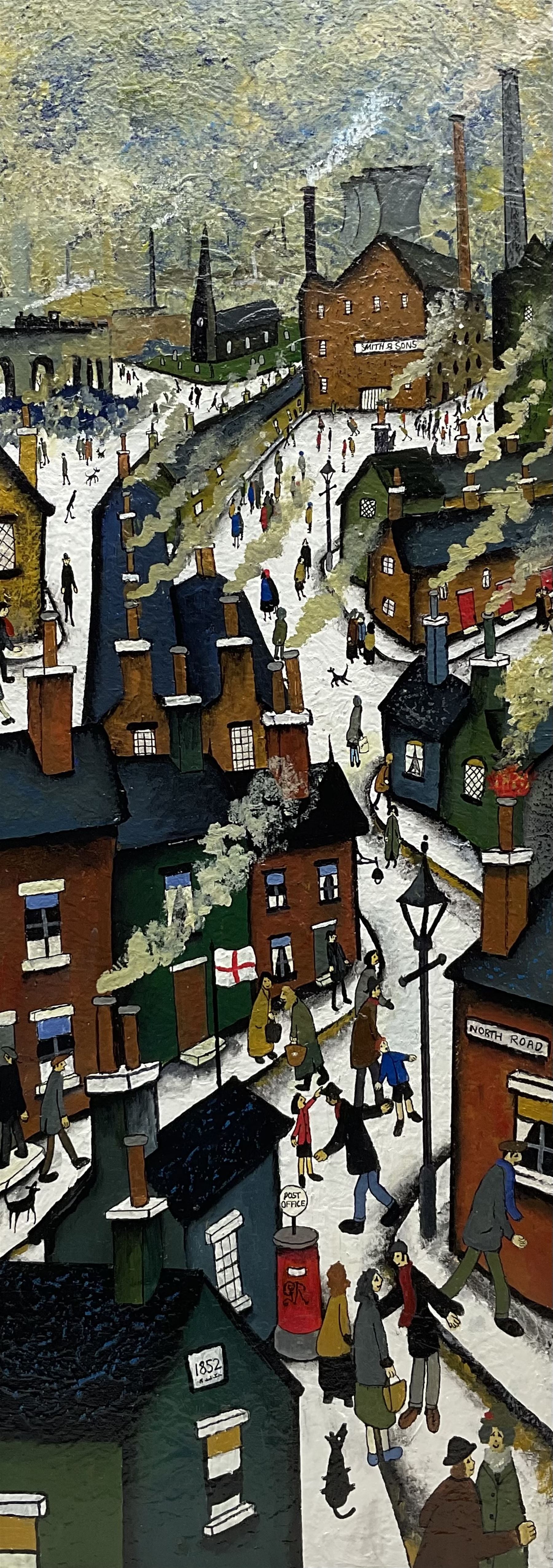 John Hanley (Northern British 1947-): 'Up North', mixed media on canvas board, signed and titled verso 80cm x 29cm