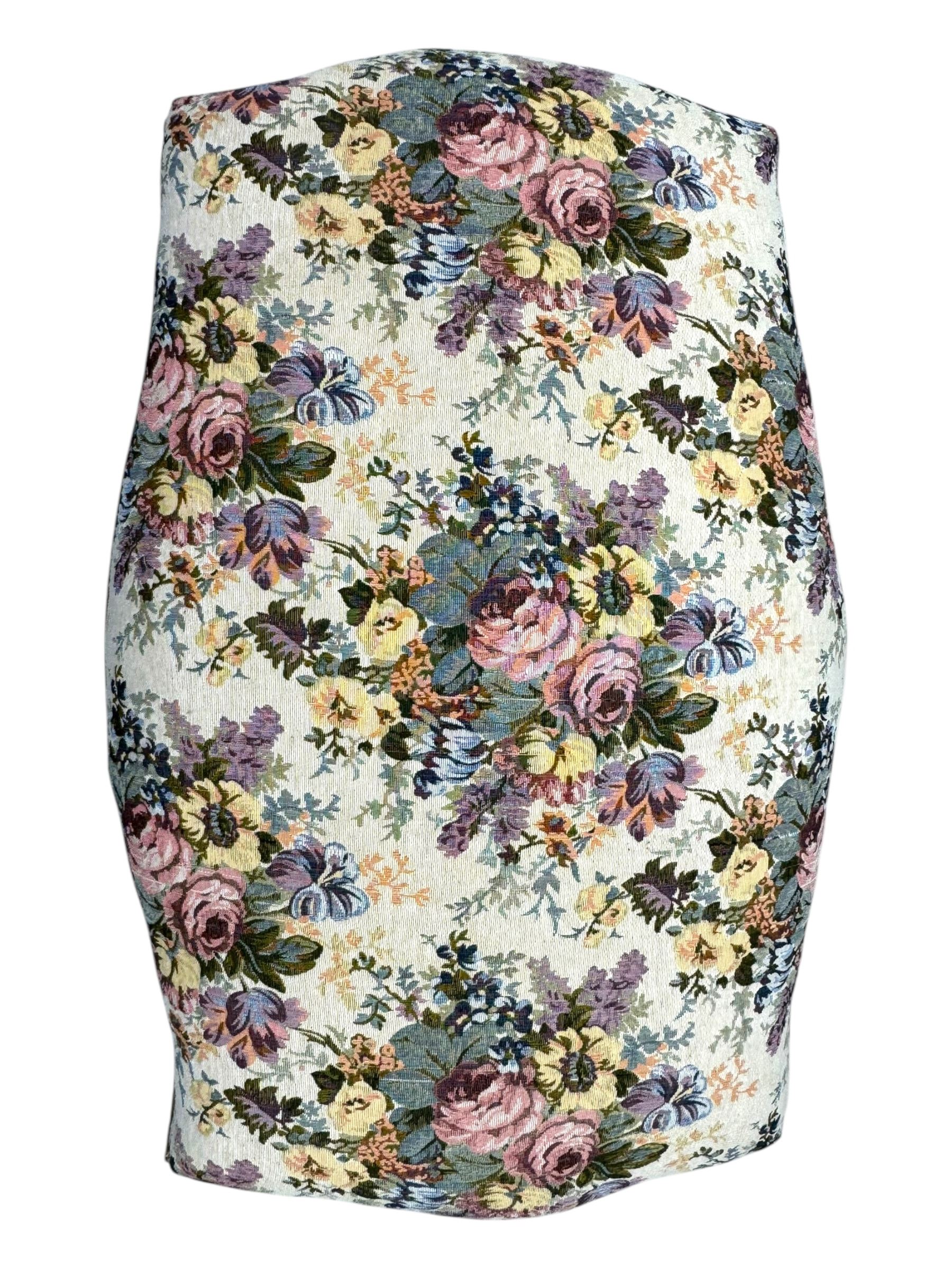 Pair of Louis XV-design giltwood stools, each upholstered in floral tapestry fabric, the carved frame adorned with scrolling foliage and shell motifs, raised on cabriole supports