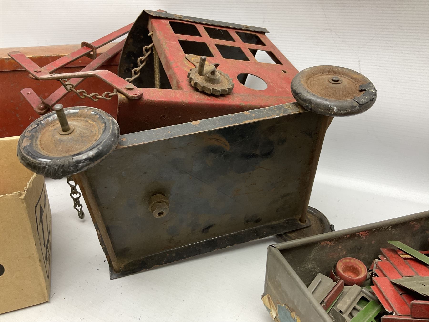 Hornby Racer 3 speedboat L45cm; pre-war Tri-ang sheet steel lorry and mobile crane; quantity of lead soldiers by Johillco etc; Tri-ang Minic clockwork Royal Mail Van; and part set of tin-plate construction pieces; all unboxed