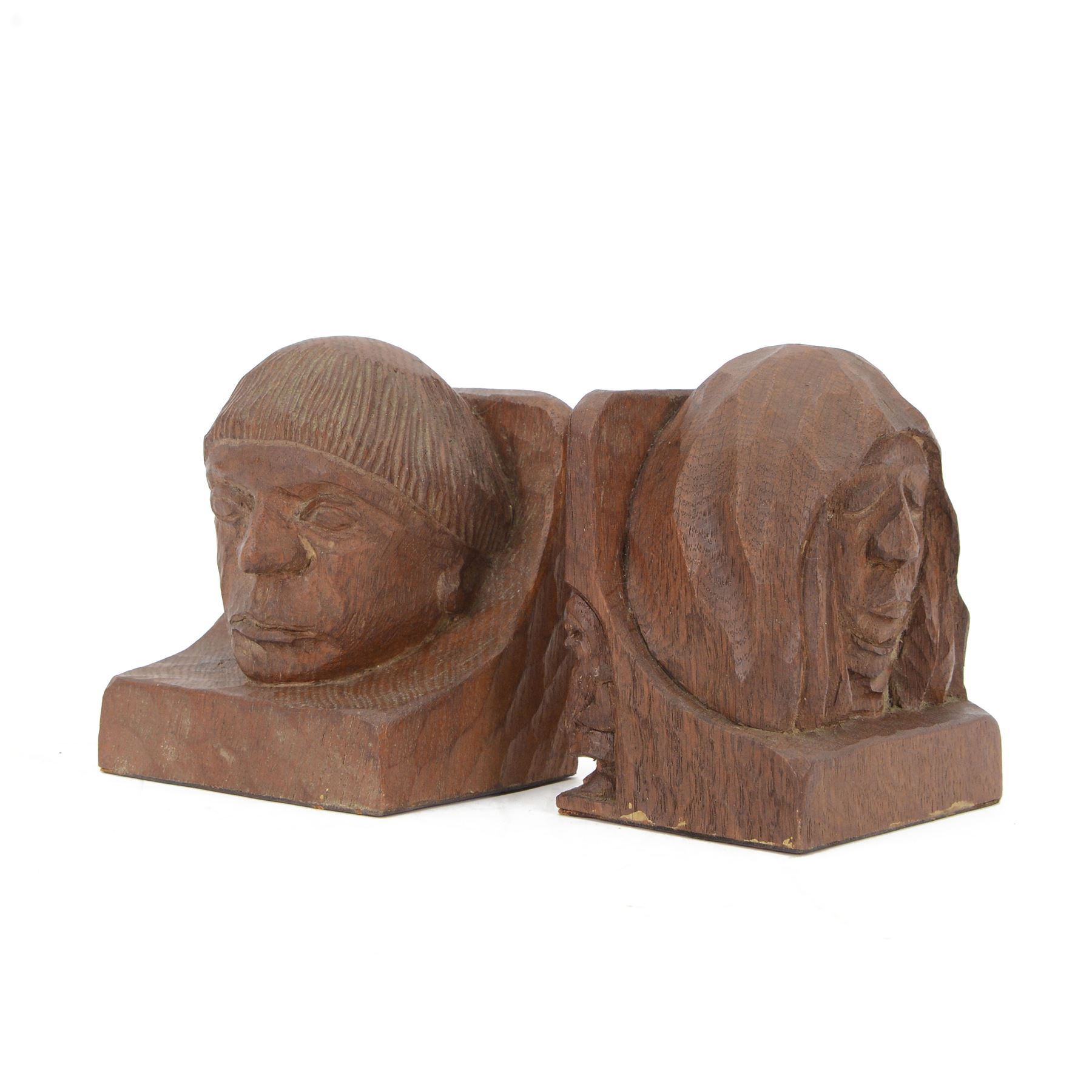 Gnomeman - pair of tooled oak figural bookends, each carved as a friar, with adzed detailing, one example signed to the back with a gnome in relief, by Thomas Whittaker, Littlebeck, each approximately H14.5cm