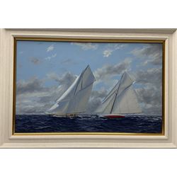 James Miller (British 1962-): 'Shamrock IV' & 'Resolute' in the America's Cup 1920, oil on canvas signed, titled verso 42cm x 68cm