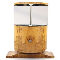 Art Deco figured walnut cocktail cabinet, demi-lune top above mirrored open compartment su...