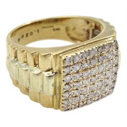 Gold gentleman's signet ring, seven rows of pave set round brilliant cut diamonds and two tone gold stepped shoulders, hallmarked 9ct, total diamond weight 1.02 carat