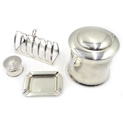 Edwardian silver canister, silver toast rack, ashtray and engine turned bottle lid approx 11.8oz