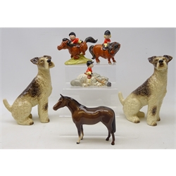  Three Beswick Norman Thelwell pony figures 'Kick Start', 'Pony Express' and one other, Beswick bay horse and two pottery wire haired terrier models (6)  
