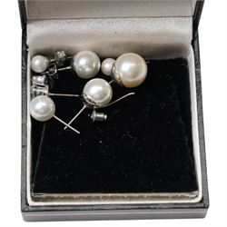 Two silver hinged bangles, 9ct gold mounted shell carved cameo brooch, badges, beaded necklaces etc