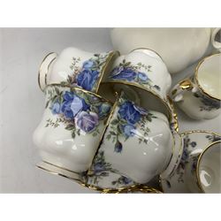 Royal Albert Moonlight Rose pattern tea and coffee service, comprising coffee pot, teapot, covered twin handled sucrier, two milk jugs, cream jug,  six coffee cups and saucers, seven tea cups and saucers and thirteen dessert plates (45)