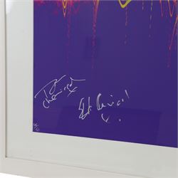 Limited edition Soundwaves Artwork print created from the audio of The Chemical Brothers song 'Galvanize', signed by Tom and Ed Chemical at the band's recording studio in London 2009, within white wooden frame, frame H88cm