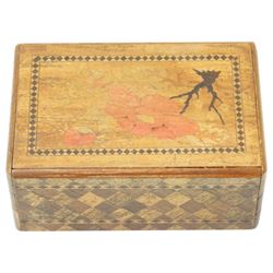 Japanese inlaid puzzle box, decorated with scenes of Mount Fuji and flowers, W15cm D10cm 