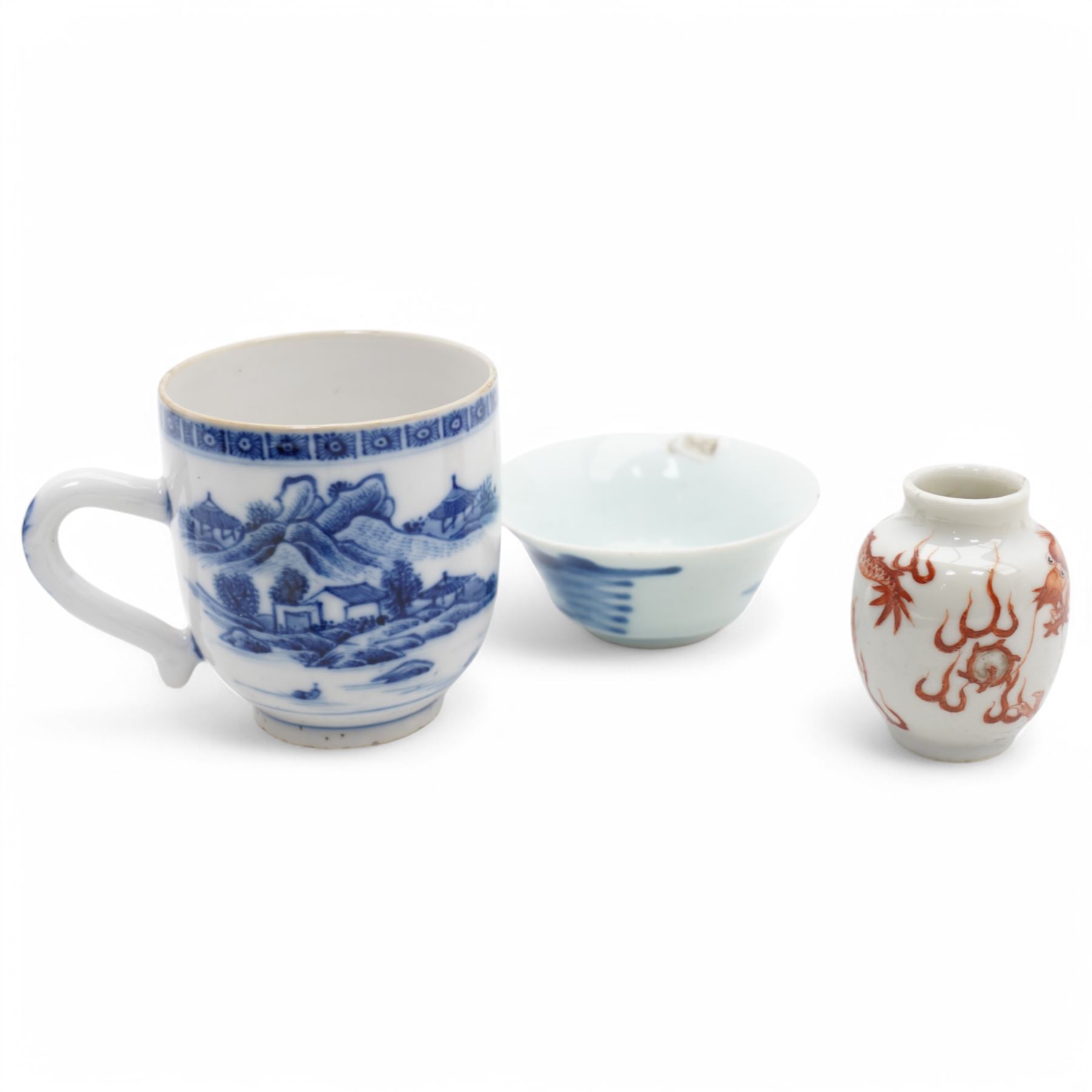 Small 18th century Chinese tea bowl and saucer decorated with ducks in flight and on a river bank, early 19th century Chinese tea pot decorated with landscapes, three small bowls and other Chinese items