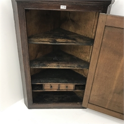 19th century oak corner cupboard, projecting cornice, single door enclosing three shelves and two trinket drawers, W81cm, H115cm, D49cm