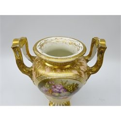  19th century Derby two handled urn shaped vase painted with fruit & flowers no. 138 (a/f) H23cm 19th century Kings pattern plate and early 20th century Royal Doulton stoneware plater no. 7350 (3)  