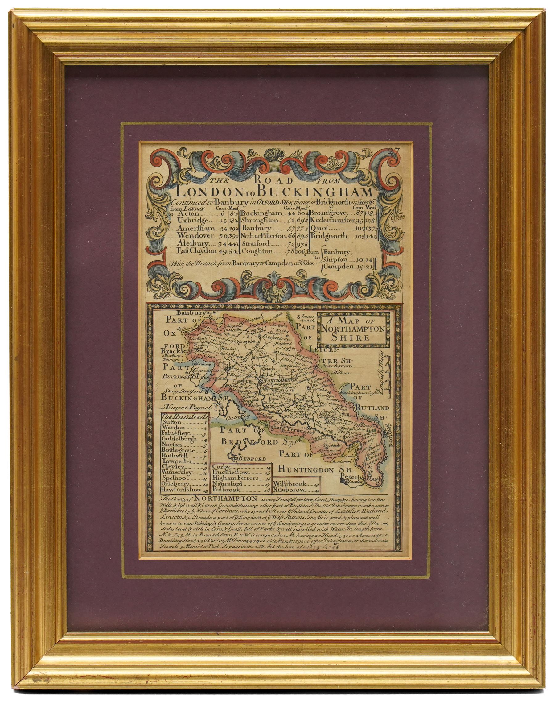Emanuel Bowen (British 1694-1767) and John Owen (British 18th century): 'Northamptonshire - The Road from London to Buckingham', 18th century engraved map with hand-colouring and county description 18.5cm x 12cm