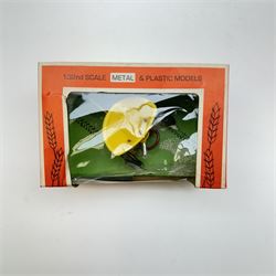 Britains 1:32 scale farm implements, vehicles and figures,  comprising 9563 Hay Baler, 9539 Seed Drill, 9534 Disc Harrow, 9537 Acrobat Rake, 9530 Three Furrow Plough, 9547 Horse Box with Horse, 9576 Farm Land Rover, 2078 male Rider with Horse, 9533 Roller, 9538 Vari-Spreader, 9536 Cultivator, three 1742 Hay Bales, 1740 Milk Churns and 1741 Sacks, all boxed, together with trees, walls, buildings and loose vehicles