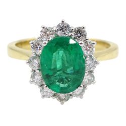 18ct gold oval emerald and diamond cluster ring, hallmarked, emerald approx 1.50 carat, total diamond weight approx 0.60 carat
