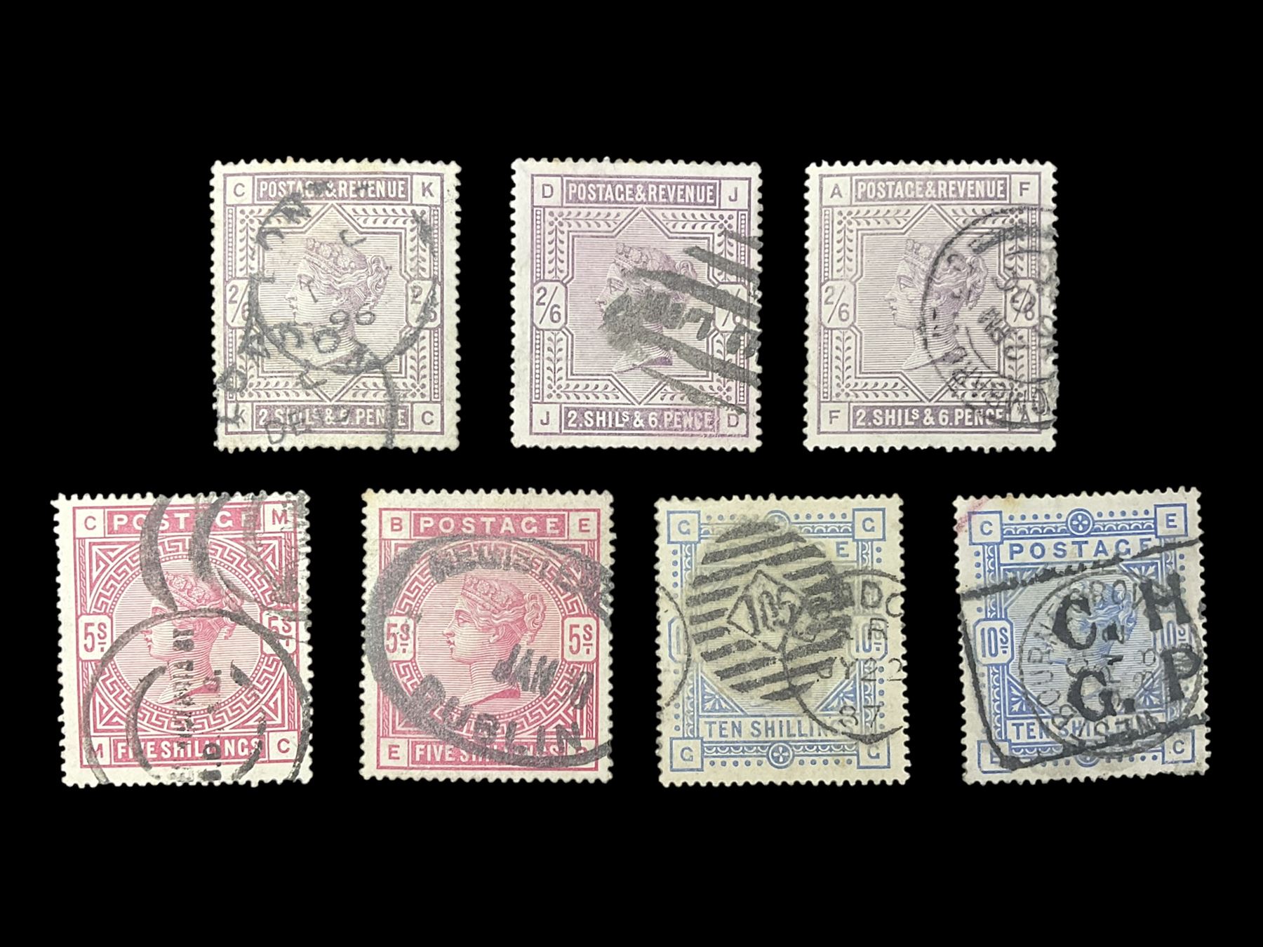 Great Britain Queen Victoria 1883-4 stamps, comprising three two shillings and sixpence, two five shillings and two ten shillings, all used, all previously mounted