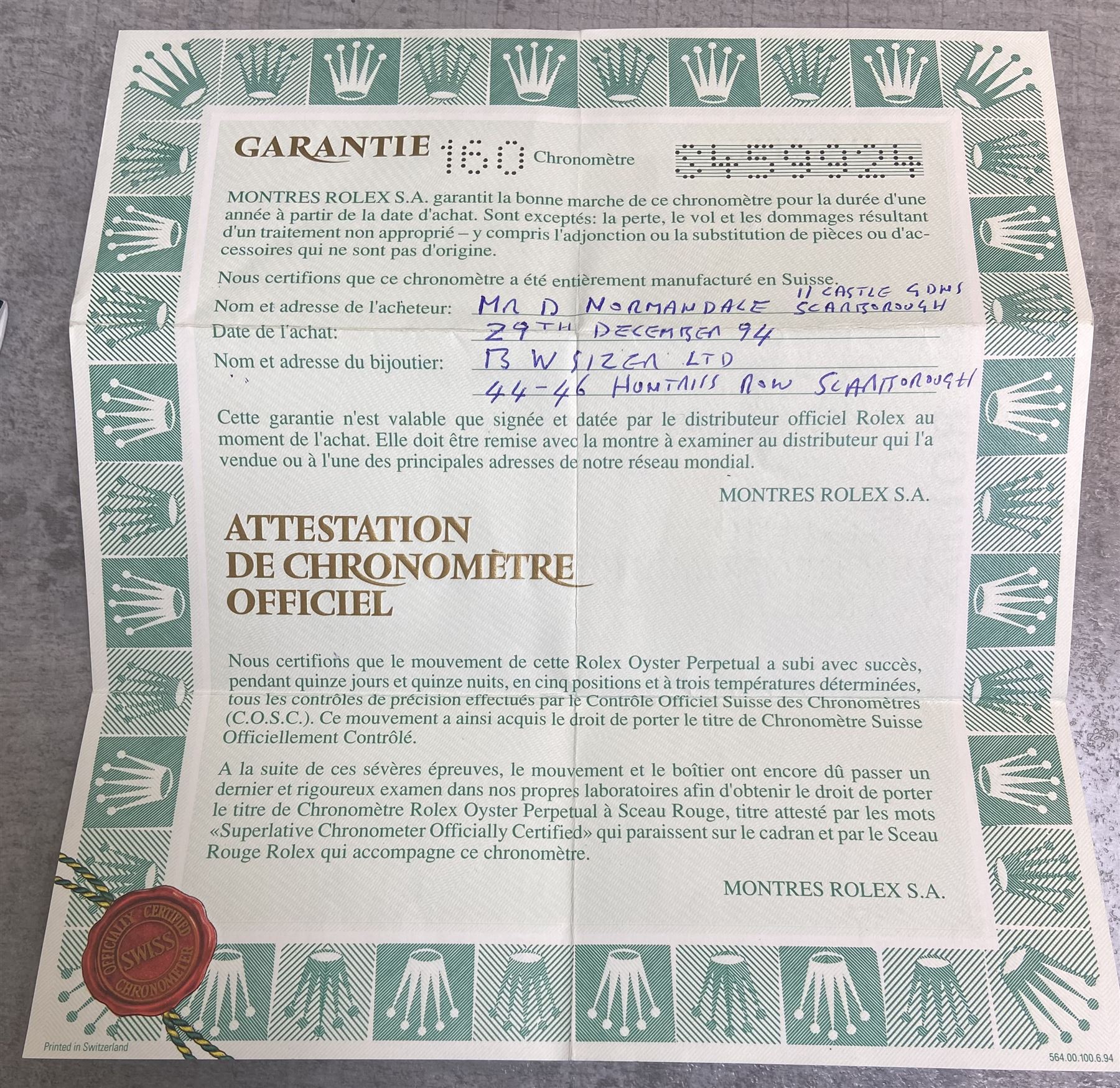 Rolex Oyster Perpetual Date Submariner gentleman's stainless steel automatic wristwatch, circa 1993, Ref. 16610, Serial No. S459924, on original Oyster bracelet with fold-over clasp, boxed with papers dated 1994