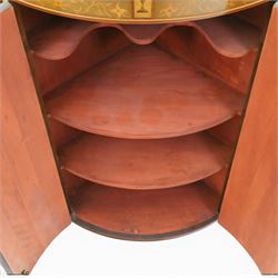 Edwardian inlaid birds-eye maple corner cabinet, urn finials above shell motif inlays, reeded column's hanging hooks