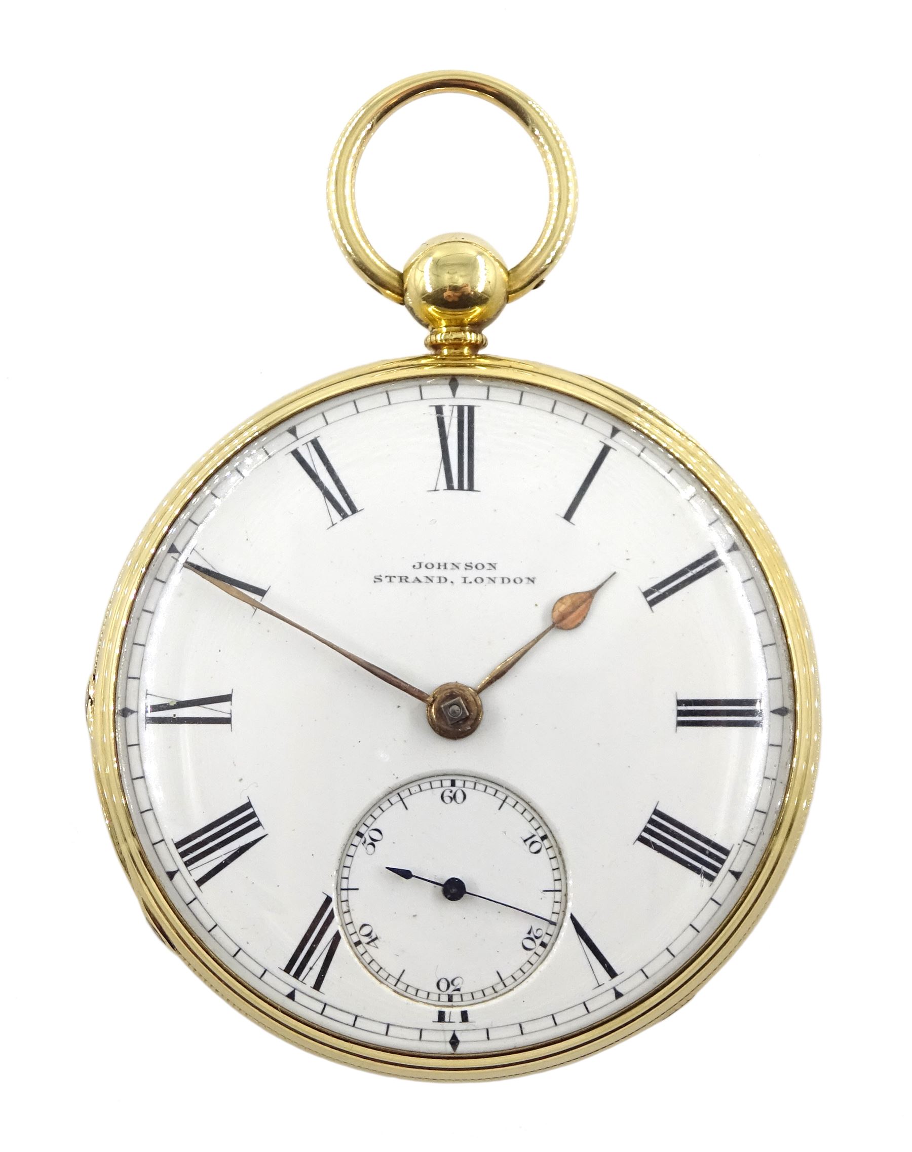 Victorian 18ct gold open face duplex fusee pocket watch by William Johnson, Strand London, No. 7681, white enamel dial with Roman numerals and subsidiary seconds dial, engine turned case, makers mark L C, London 1849