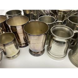 Collection of pewter and silver-plated trophy cups and presentation tankards, largest H28cm
