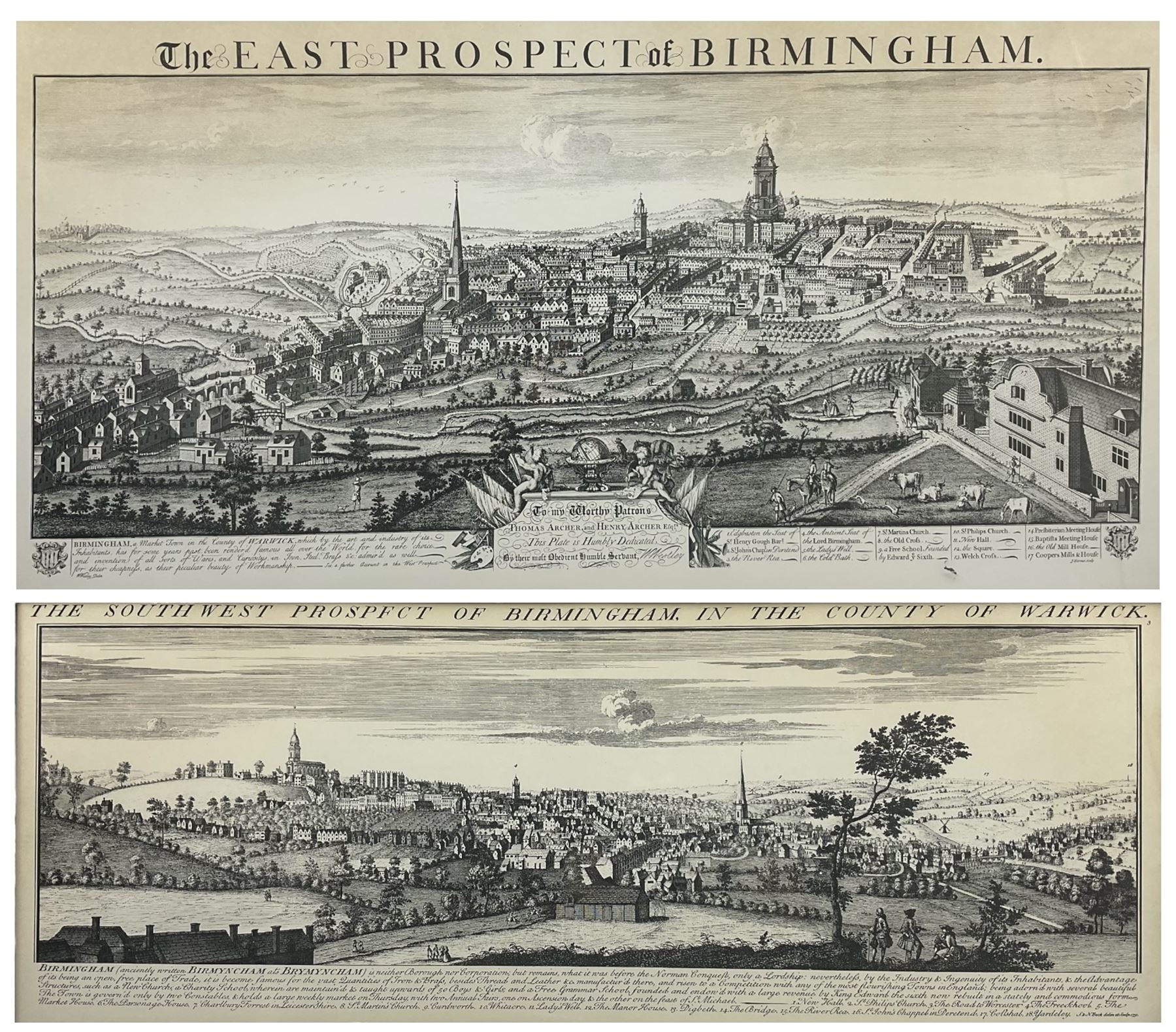'The East Prospect of Birmingham' and 'The Southwest prospect of Birmingham in the County of Warwick': two 20th topographical engravings max 46cm x 89cm (2)