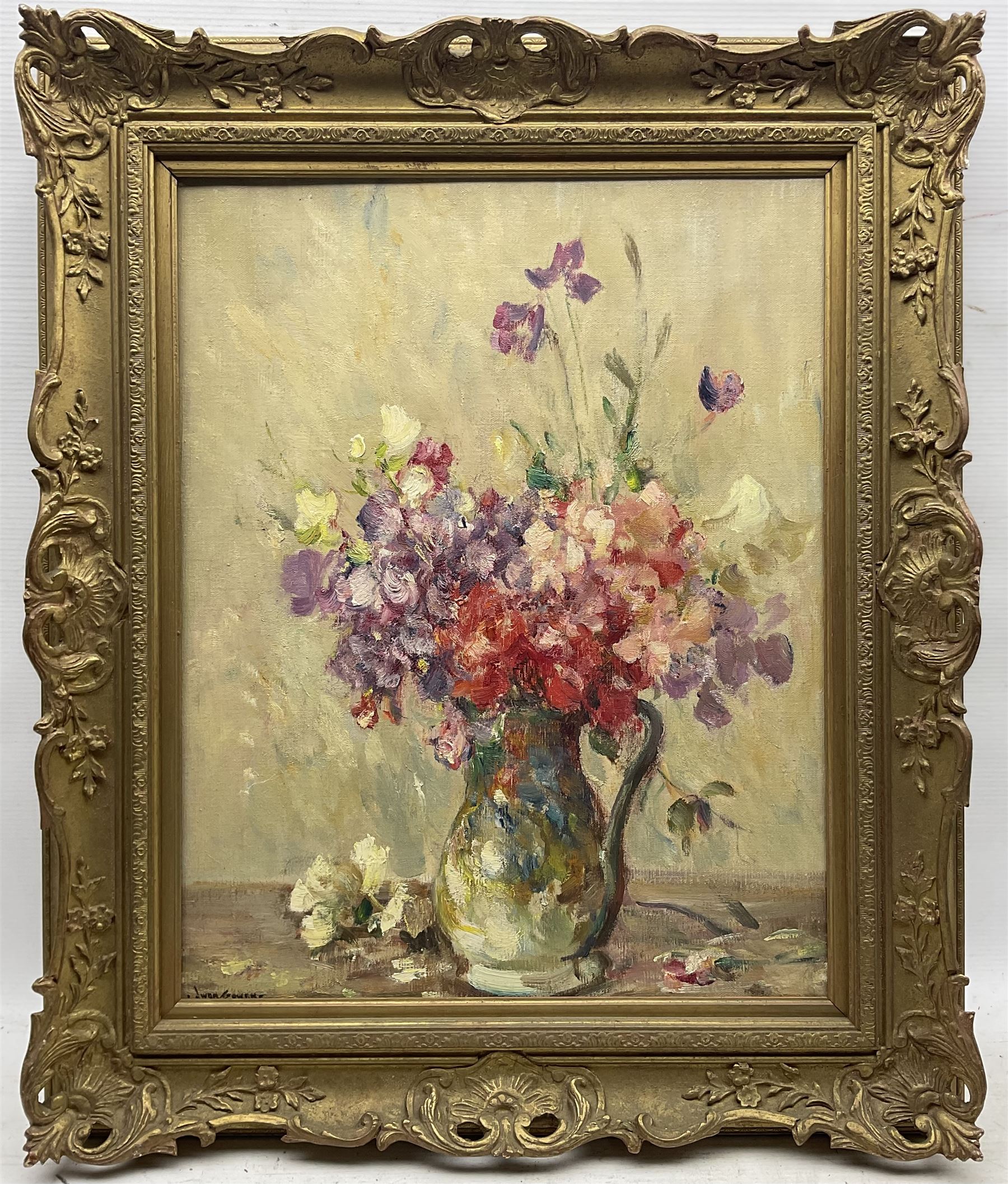 Owen Bowen (Staithes Group 1873-1967): Still Life of a Spring Bouquet, oil on canvas signed, part Royal Institute of Oil Painters label and James Bourlet label verso, 47.5cm x 37.5cm 