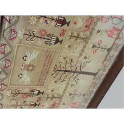 Victorian sampler, by Hannah Longster, Aged 11 years, dated 1847, worked with the Tree of Life, Adam and Eve, and various motifs including urns of flowers, lions, deer, and cherubs, within a stylised foliate border, in mahogany frame,  H49cm L56cm