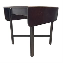 19th century mahogany drop-leaf occasional table, rectangular top with two drop leaves, raised on fluted supports united by X-stretcher