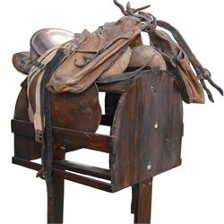 WWI French cavalry 17'' saddle, model 1916, with leather saddle bags, stirrups, girth and bit  