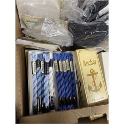 Haberdashery Shop Stock: Reels of Slyko Supreme & Raylon Madeira thread, Creative Craft pompoms and other craft-making supplies, boxes of Anchor Pearl Cotton, perforated plastic canvases etc in three boxes