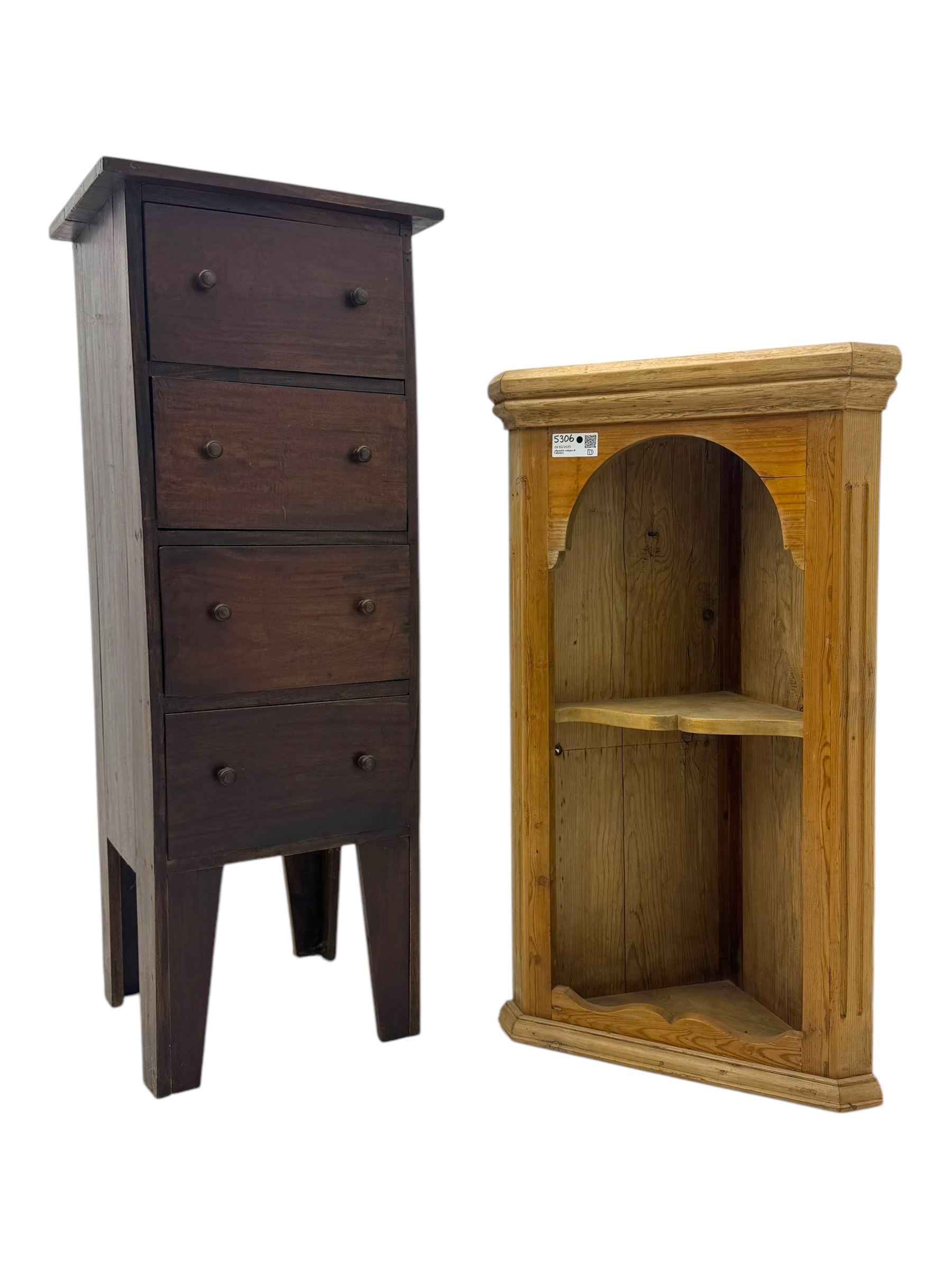 Victorian pine wall-hanging corner cupboard, shaped plinth base (W52cm, H90cm); Victorian narrow chest fitted with four drawers, on tapered supports (W42cm, D38cm, H110cm); mahogany framed bench with upholstered seat, hinged lid enclosing storage (W92cm, H51cm)