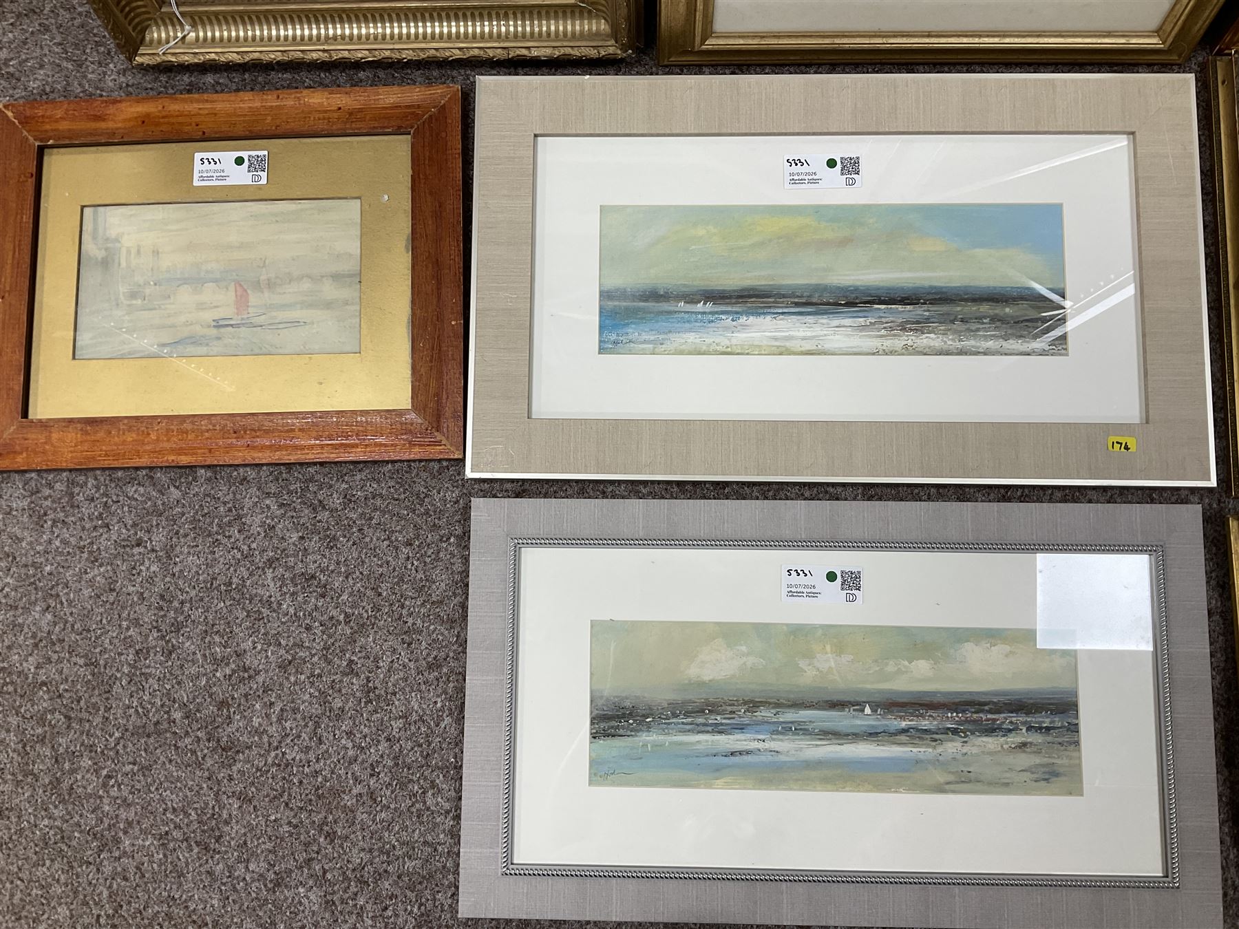 Collection of 20th and 19th Century watercolours and oils depicting shipping and coastal scenes, to include Edward H Simpson (British 1901-1989): Robin Hood's Bay in Summer and D Morrisey (English School 19th/20th Century): Anchored Ship, variously signed titled and dated max 22cm x 30cm (8)
