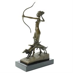 Art Deco style bronze, after Josef Lorenzl, modelled as a nude female figure holding a bow, with two dogs,  raised upon a rectangular base, H33cm