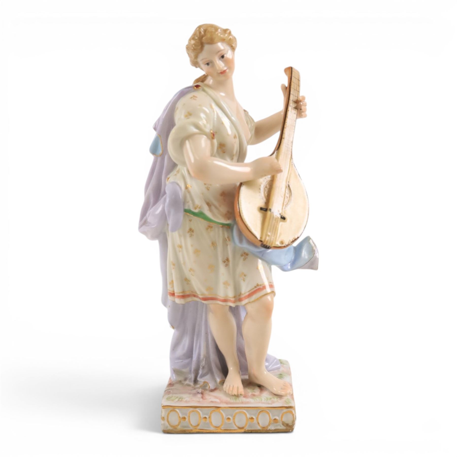 Karl Ens of Volkstedt figure group, modelled as a woman and cherub in a garden, with printed mark beneath, together with another figure modelled as a muse 