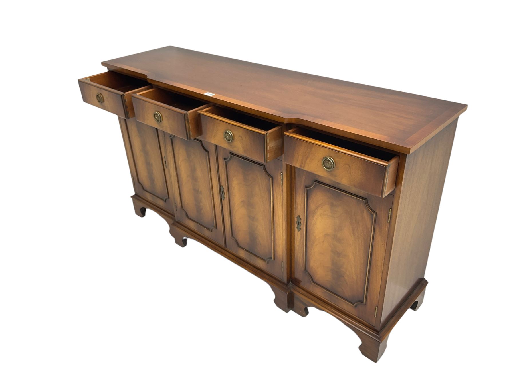 Reprodux Bevan Funnell - mahogany breakfront sideboard, fitted with four drawers, above four cupboards, on bracket feet