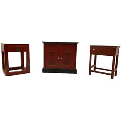 Painted Oriental cabinet and two lamp tables with drawer (3)