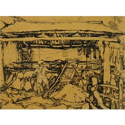 Rudolf Helmut Sauter (German 1895-1977): Barn Interior, ink on brown paper signed 22cm x 29cm