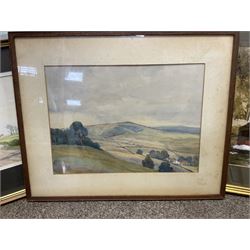 G A Townsend (British 20th century) 'The Trout Inn', watercolor signed and dated; M C W (British 20th century) The Wolds watercolor signed and dates, together with another watercolour and three landscape prints